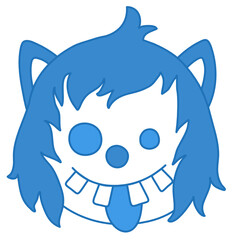 goofy smiling wolf with crooked teeth, differently sized eyes, stupid look, sticking out tongue and silly dumb face, simplistic facial expression vector illustration, circle or ball shaped character