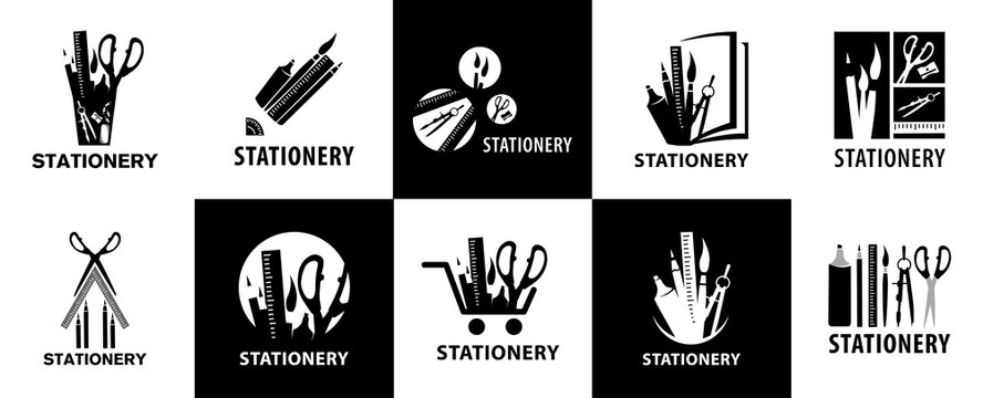 Stationery icons. Set of stationery supplies icons isolated on white  background. For internet shopping, school and office. Black and white  color. Modern flat design. Stock Vector illustration Stock Vector