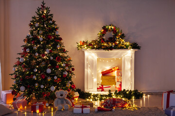 Fototapeta na wymiar Christmas tree pine with gifts light garlands interior decor new year