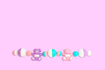 Children's toy, beads, rattle, stretch on a pink background. Minimalistic composition, concept on the theme of birth of babies, early development. Top view. Flat lay. Copy space.