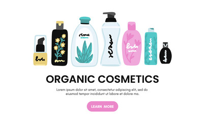 Vector cosmetic products. Natural cosmetics. Beauty care. Many jars and bottles. Facial skin care. Online store. Landing page template. Background is for banner, header, advertising, mailing list