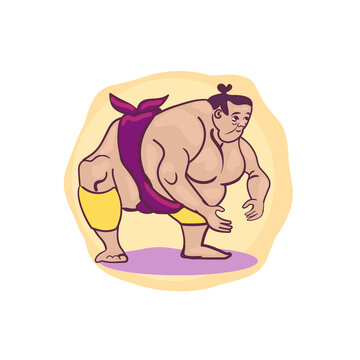 Japanese sumo wrestler in a traditional pose. Color minimalistic stylized icon image in vector.