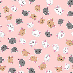 Cute kawaii kittens seamless pattern. Cat heads on a pink background. Vector illustration.