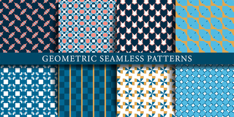 Vector set of geometric seamless patterns, textures, backgrounds. Geometric graphic design shapes, colored.