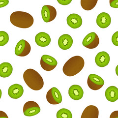 Kiwi seamless pattern. Whole fruit and sliced pieces on a white background. Vector illustration.