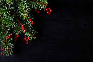 Christmas background: branches of a Christmas tree on a black background top view with copy space for your text.