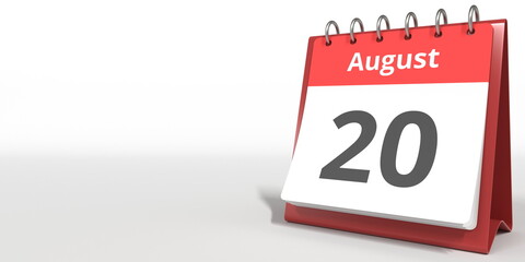 August 20 date on the flip calendar page, 3d rendering