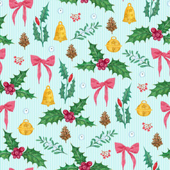 Christmas seamless pattern with red bow, holly and branches for gift paper