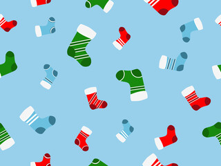 Christmas Stocking seamless pattern. Festive background with Christmas socks for greeting cards, wrapping paper, banners and posters. Vector illustration