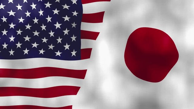 American And Japanese Flags Waving In Wind.Donald Trump Meets Yoshihide Suga.Washington Against Tokyo.