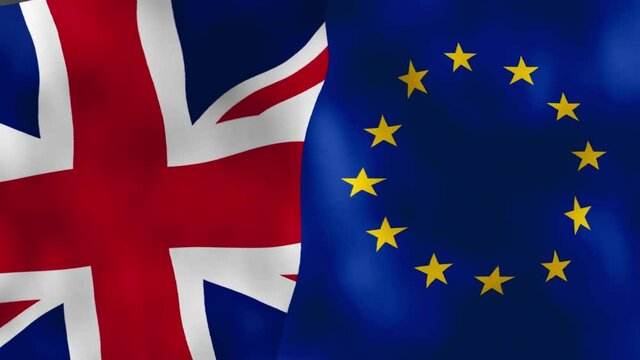 Brexit,British exit from the EU. Britain and European Flags waving in wind.Computer animation.