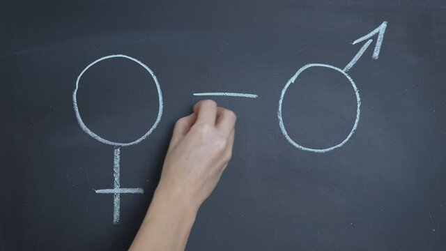 Equality in the school. A view of a woman write an equality between man and female on blackboard.