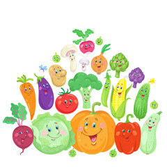 A pyramid of funny vegetables. In cartoon style. Isolated on white background. Vector flat illustration. Place for text.