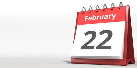 February 22 date on the flip calendar page, 3d rendering