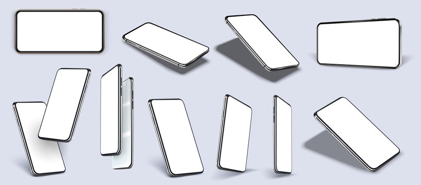 Realistic smartphone. Mobile phone mockup with blank screen in different isometric perspective. Vector smartphones set.Template for infographics or presentation 3D realistic phones.
