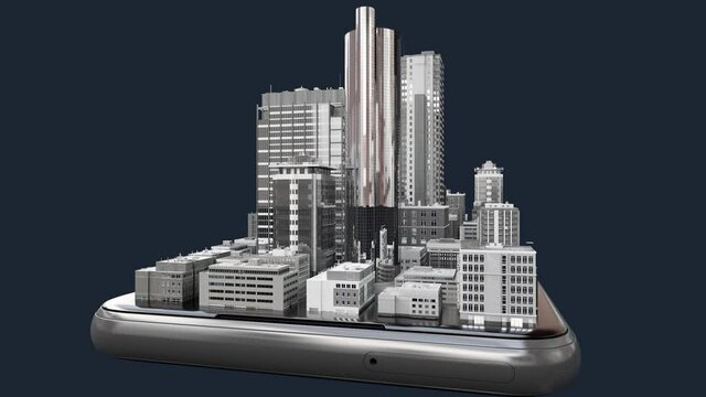 Smartphone rotates, numerous buildings are created, smart city on mobile phone (included alpha), 4k animation.