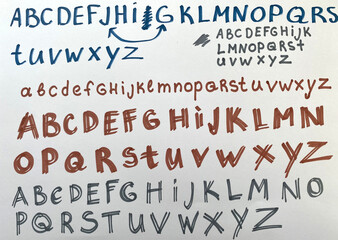 Hand drawn alphabet. English ABCs. Simple typographic design of Latin letters.