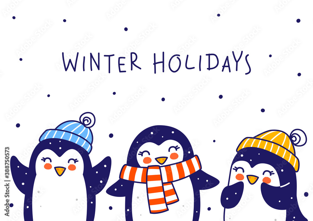 Wall mural cute little penguins on white background - cartoon characters border for funny christmas and new yea