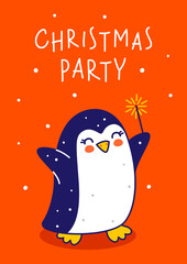 Cute little penguin with sparkler on red background - cartoon character for funny Christmas and New Year winter greeting card and poster design