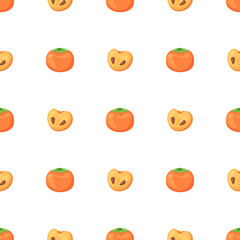 Seamless pattern with persimmon fruits -sliced half & whole. Cute repeating background with sweet fruit on white background. Minimalist wrapping paper, food hall, menu decoration. Bright autumn design
