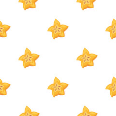 Seamless pattern with Carambola fruits -sliced half & whole. Cute repeating background with sweet star fruit on white background. Minimalist tropical style wrapping paper, food hall, menu decoration.