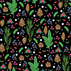 Christmas seamless pattern with pine cones, fir branches and berries for gift paper