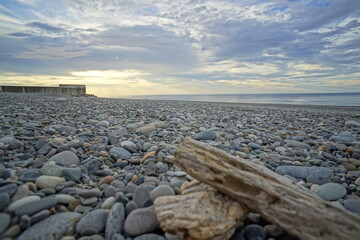 Driftwood. The sea, sky and stone beach at sunset.