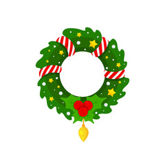 Vector graphic illustration on a white background. Concept icon in flat design. Christmas wreath with holly. Symbol, sign, logo, emblem.