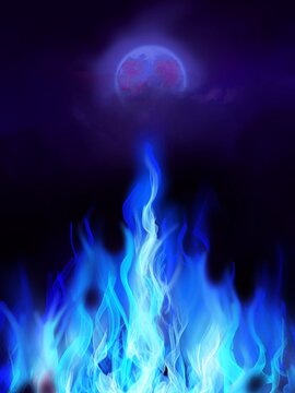 The background of blue fire and creepy moon in the night	