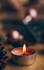 Candle. Light. Bokeh background. Christmas time. 