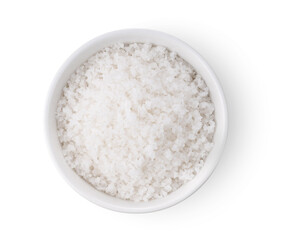 Fototapeta na wymiar Sea salt in white bowl on white background
