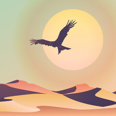 A large bird of prey flies over the dunes. The sun behind the bird the landscape tropical countries. Desert sand. Color minimalistic stylized image in vector.