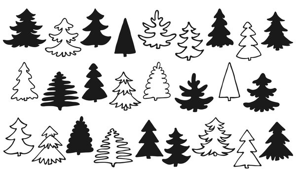 Hand drawn Christmas tree set isolated on a white background. Doodle sketch, outline and black silhouette. Vector icon, new year decorative element, woodland design, spruce, fir, pine illustration.
