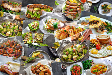 Collage of many popular all over the world breakfasts, lunches and snacks. Collage of different assortment of food.