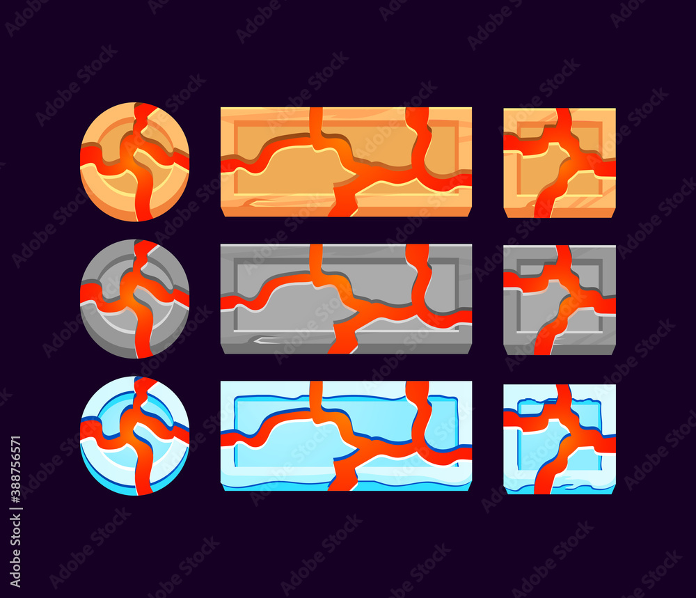 Wall mural set of gui wooden, stone, and ice with lava button for game ui asset elements vector illustration