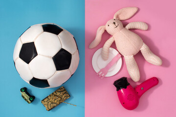 Gender stereotype toys on blue and pink background - obrazy, fototapety, plakaty