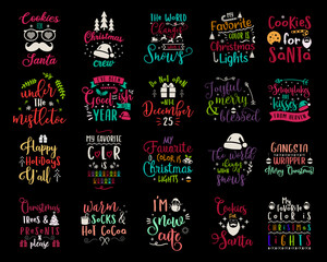 Christmas calligraphy quotes collection. Silhouette typography designs for xmas decoration, cards, t shirts, mug, other prints with words and holiday elements. Stock vector lettering bundle