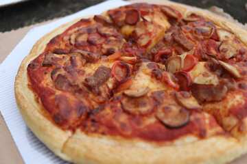 Tasty delicious pepperoni pizza, top view. Ready to eat