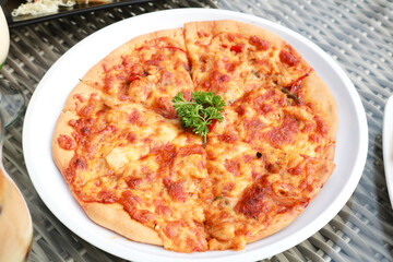Delicious fresh pizza on table