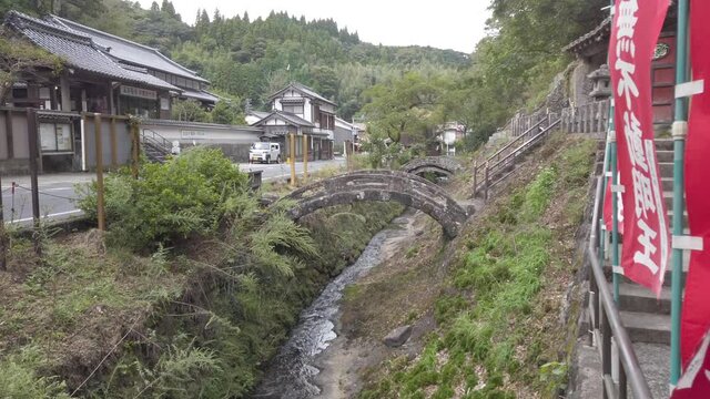 Stone Bridges At Gohyaku Rakanji Temple, the Shingon Buddhism temple built in 1776 to hold a memorial service for miners, in cloudy day, Omori, Iwami Ginzan Silver Mine, Shimane, Japan