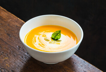 Pumpkin vegetables cream soup copy space.