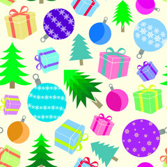 Merry Christmas tree toys present boxes pattern/ Happy new year holidays elements background/ Merry Christmas background