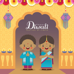 Diwali or Deepavali vector greeting illustration. Cute indian kids with colorful garland, kandil (india lantern) & diya (oil lamp). Festival of Lights celebration.