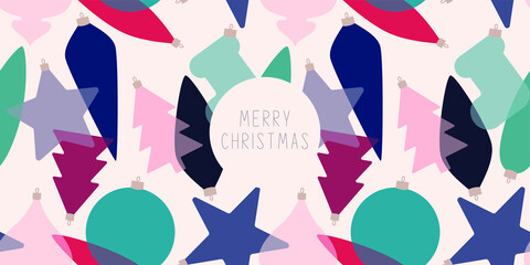 Merry Christmas and Happy New Year background. Stylish template with transparent imitation of design elements. For design, brochure, cover, advertising banner etc. 