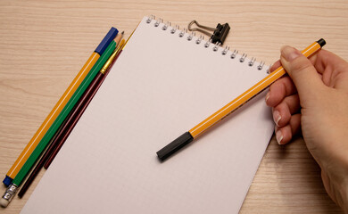 Painting brushes, pencil, pens, paper clip, right female pen points to a white blank notebook on a wooden background