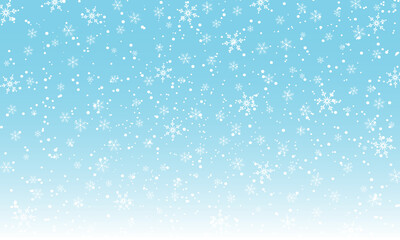 Snow background. Winter snowfall. White snowflakes on blue sky. Christmas background. Falling snow.