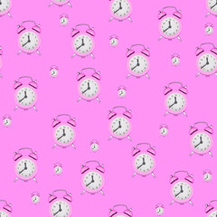 Seamless pattern from alarm clocks. Antique alarm clocks. Top view.