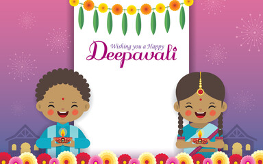 Diwali or Deepavali greeting template. Cute cartoon Indian kids holding diwali diya with marigold mango leaf & fireworks on night background. Indian festival of lights flat vector. 