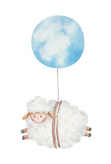 cute cartoon sheep flying in hot air balloon, childrens watercolor illustration on white background