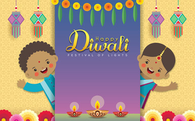 Diwali or Deepavali greeting template. Cute cartoon Indian kids with diwali diya, marigold mango leaf & kandil lantern on pattern background. Indian festival of lights flat vector. 